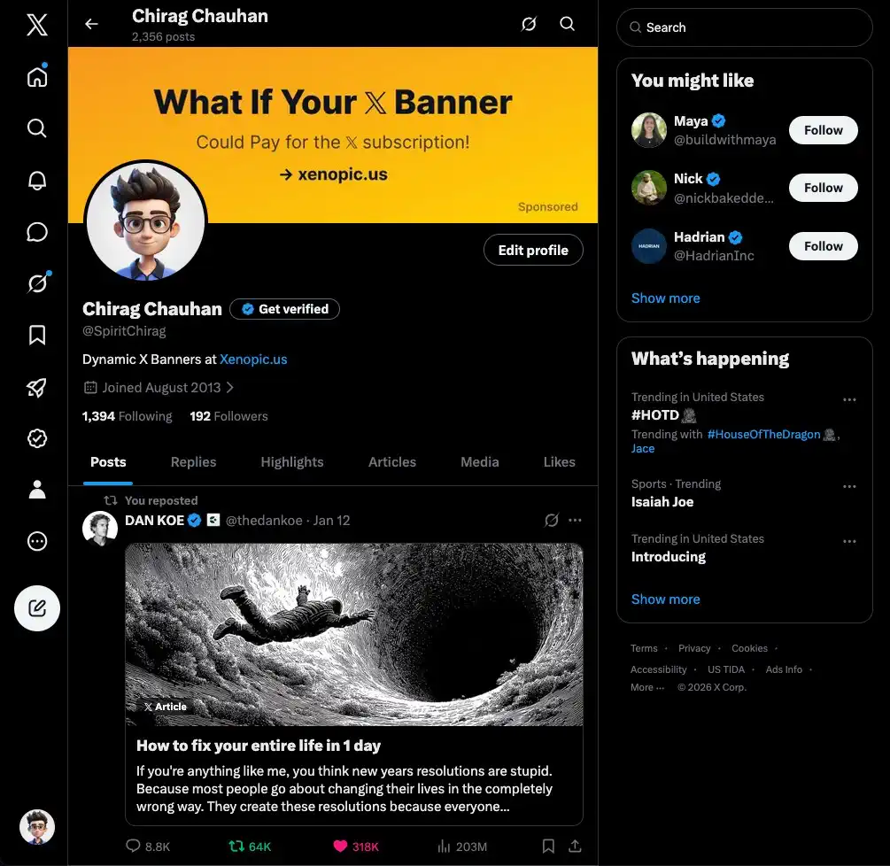 A second Xenopic sponsor ad shown on a real 𝕏 profile banner